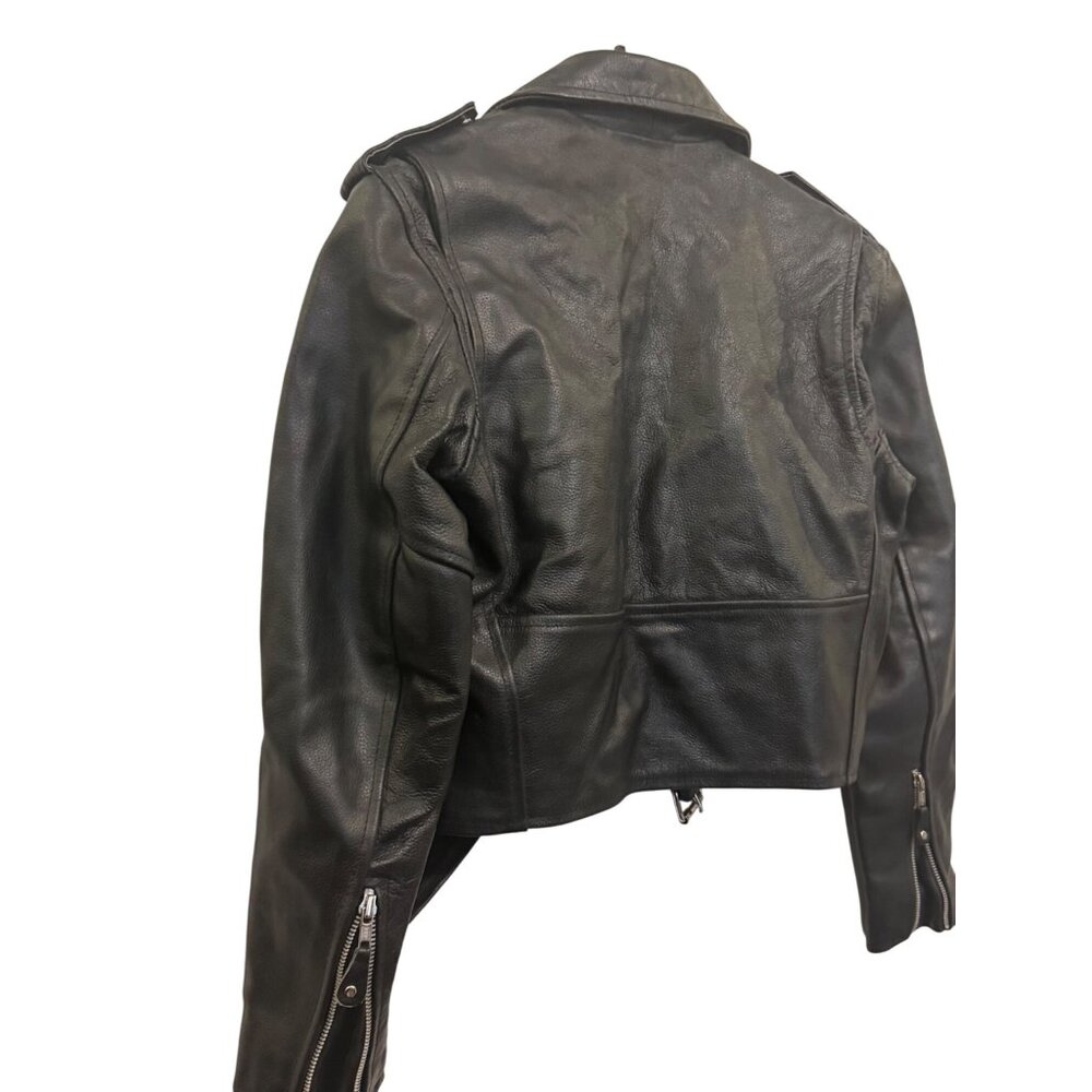 Genuine Leather Black Motorcycle Jacket Small Thinsulate Insulation With Belt & - Picture 3 of 9